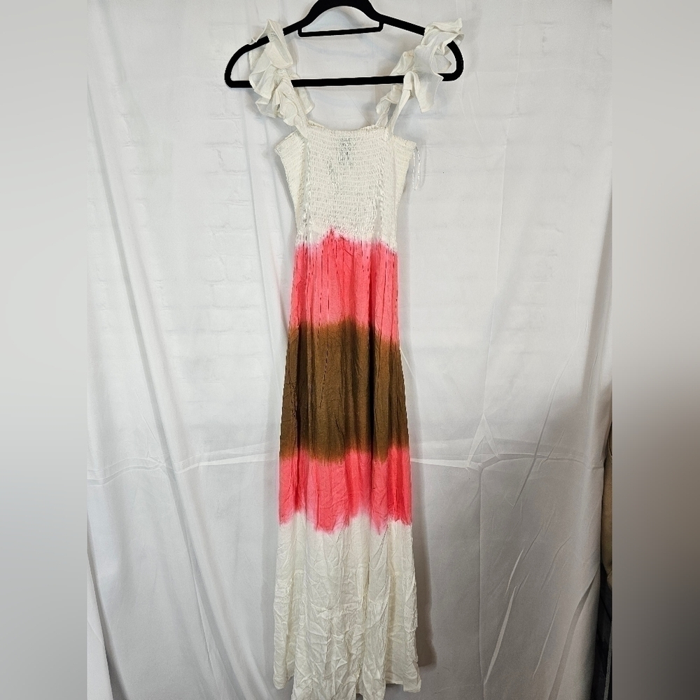 AREA Stars Bella dip-dye Maxi ruffle dress neutral in pink and brown flutter - Picture 6 of 6
